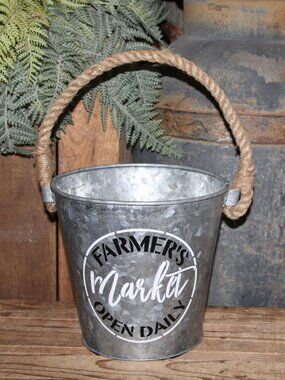 NEW!  FARMER'S MARKET Galvanized Metal Farmhouse Bucket Pail with Handle